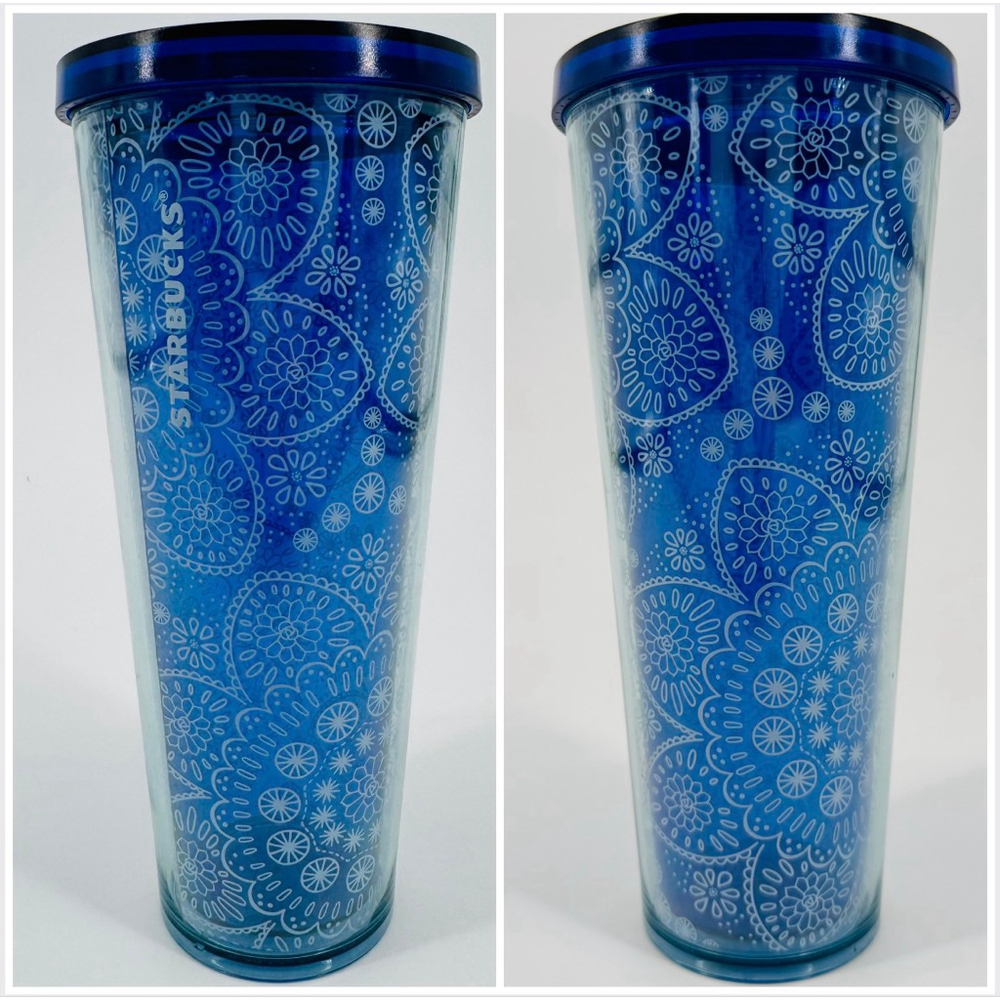 New Starbucks Blue White Paisley Bandana Tumbler Venti Acrylic Cold Cup